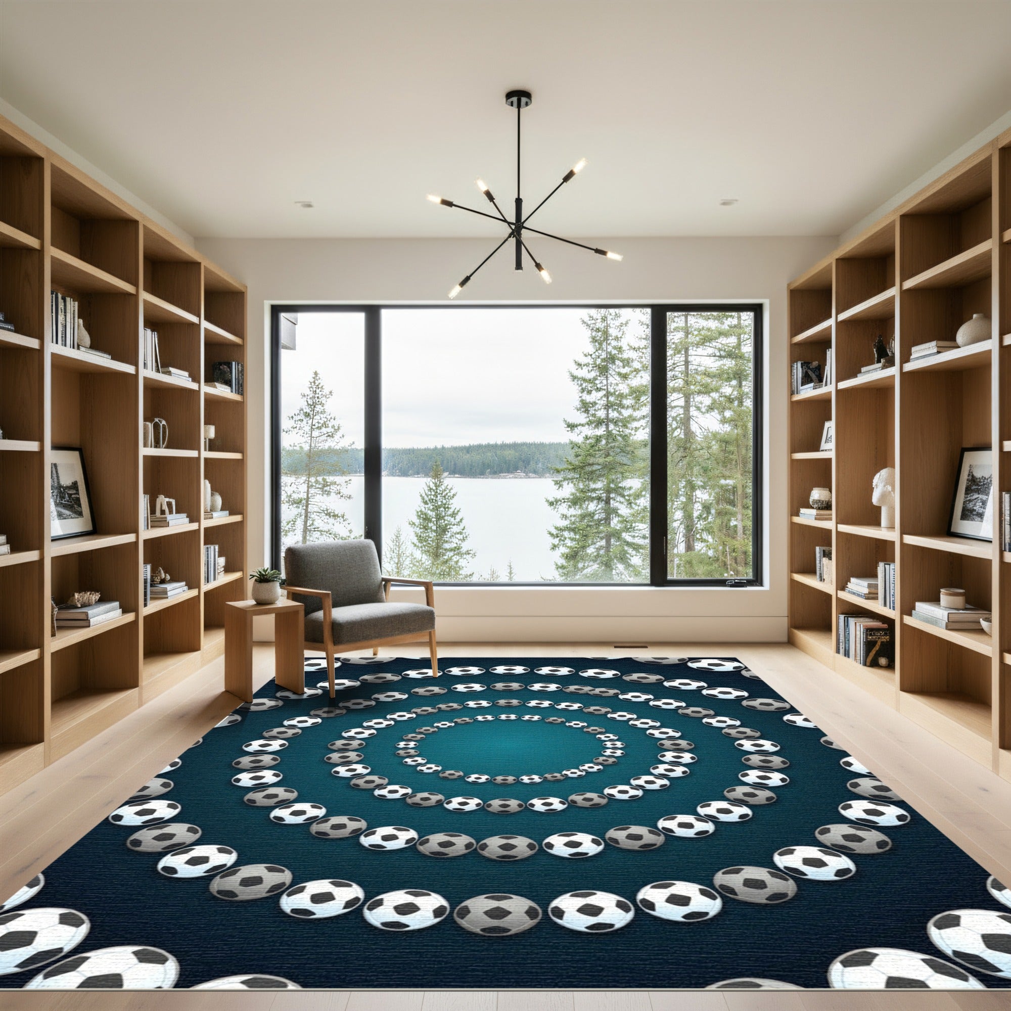 Radiant Soccer Ball Circular Teal Backdrop Rug