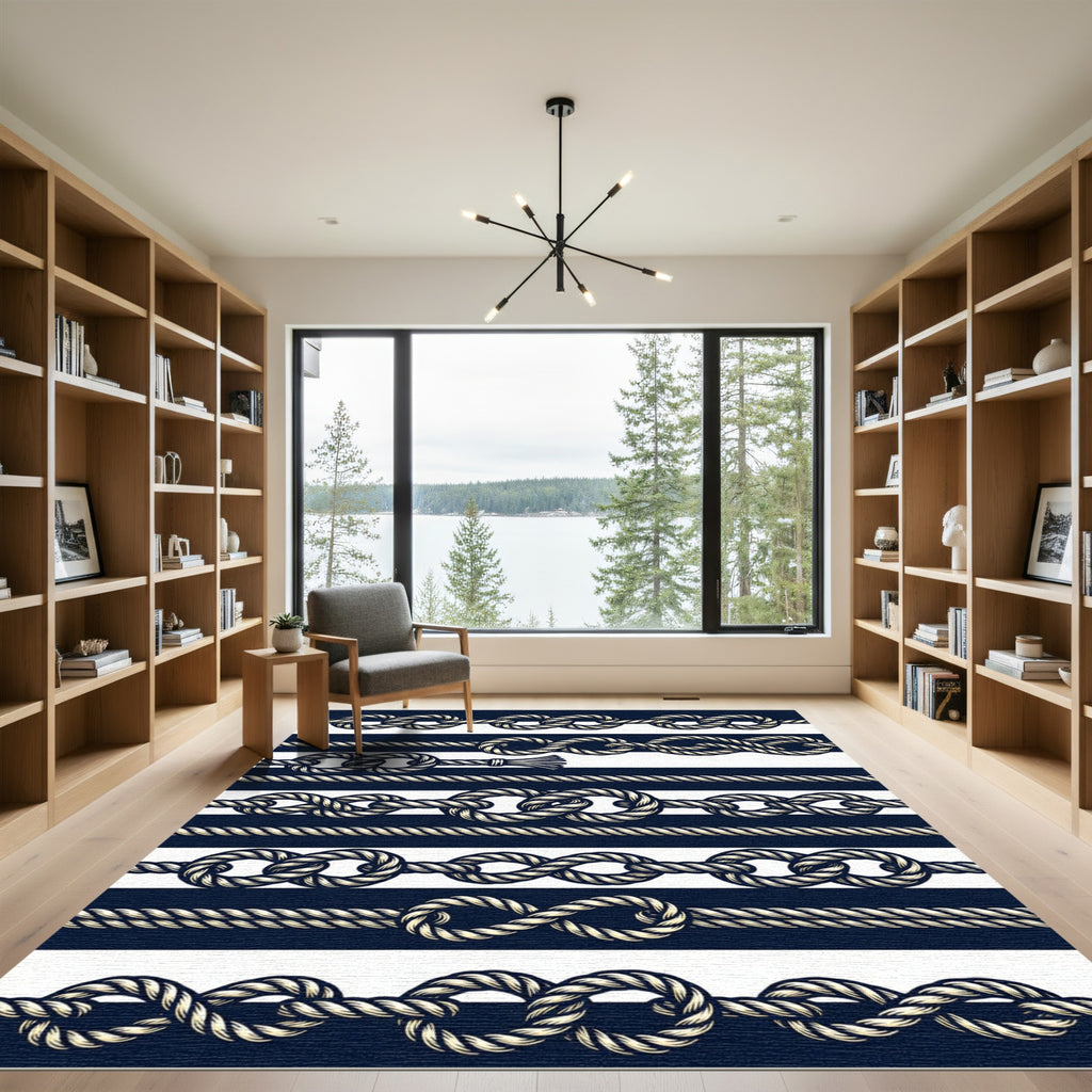 Nautical Navy White Rope Knot Border Rug