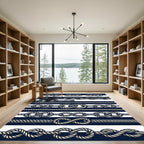 Nautical Navy White Rope Knot Border Rug
