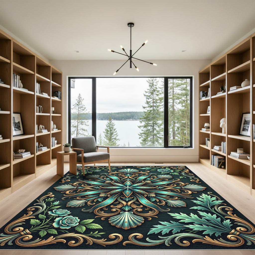 Ornate Teal Shell Golden Baroque Mandala Rug