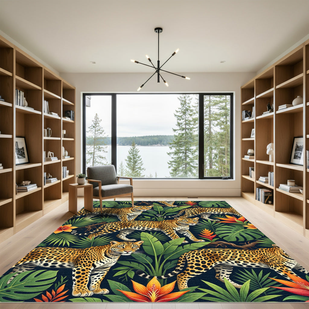 Vibrant Leopard Jungle Botanical Repeat Rug