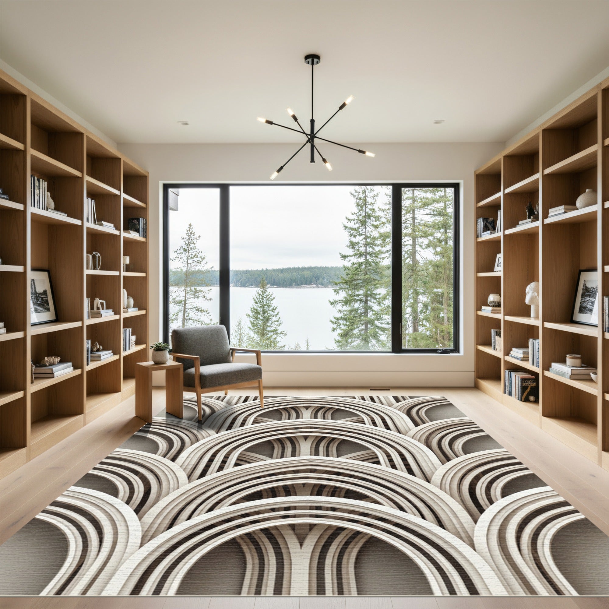 Elegant Neutral Arched Architectural Relief Rug