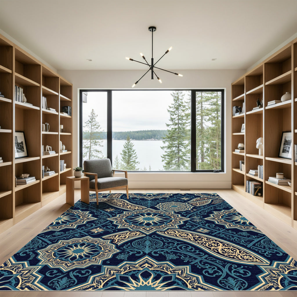 Intricate Navy Gold Starry Medallion Rug
