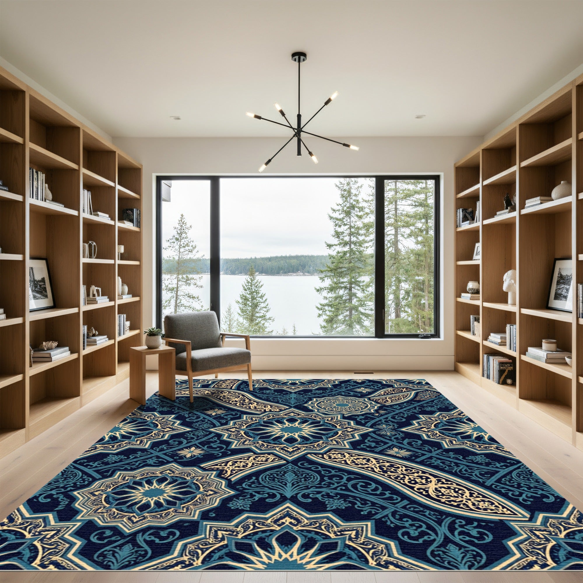 Intricate Navy Gold Starry Medallion Rug