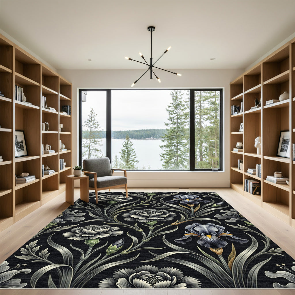 Monochromatic Floral Art Nouveau Botanical Rug