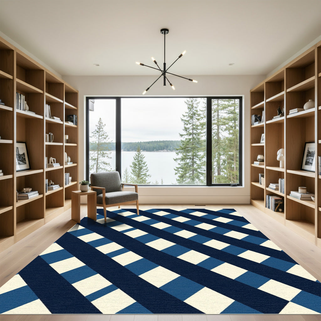Navy Blue Diagonal Checkered Geometric Rug