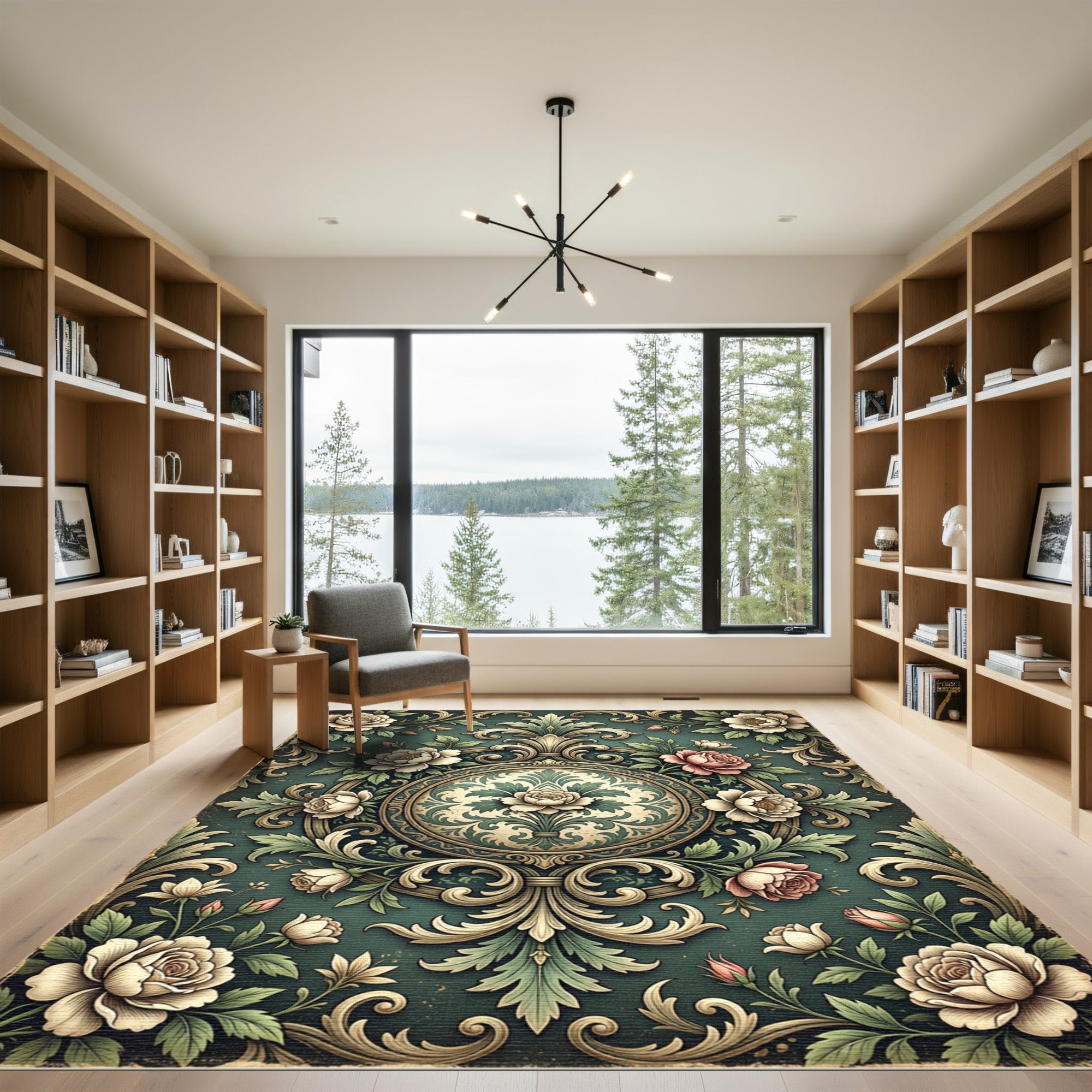 Vintage Sage Floral Medallion Scrollwork Rug