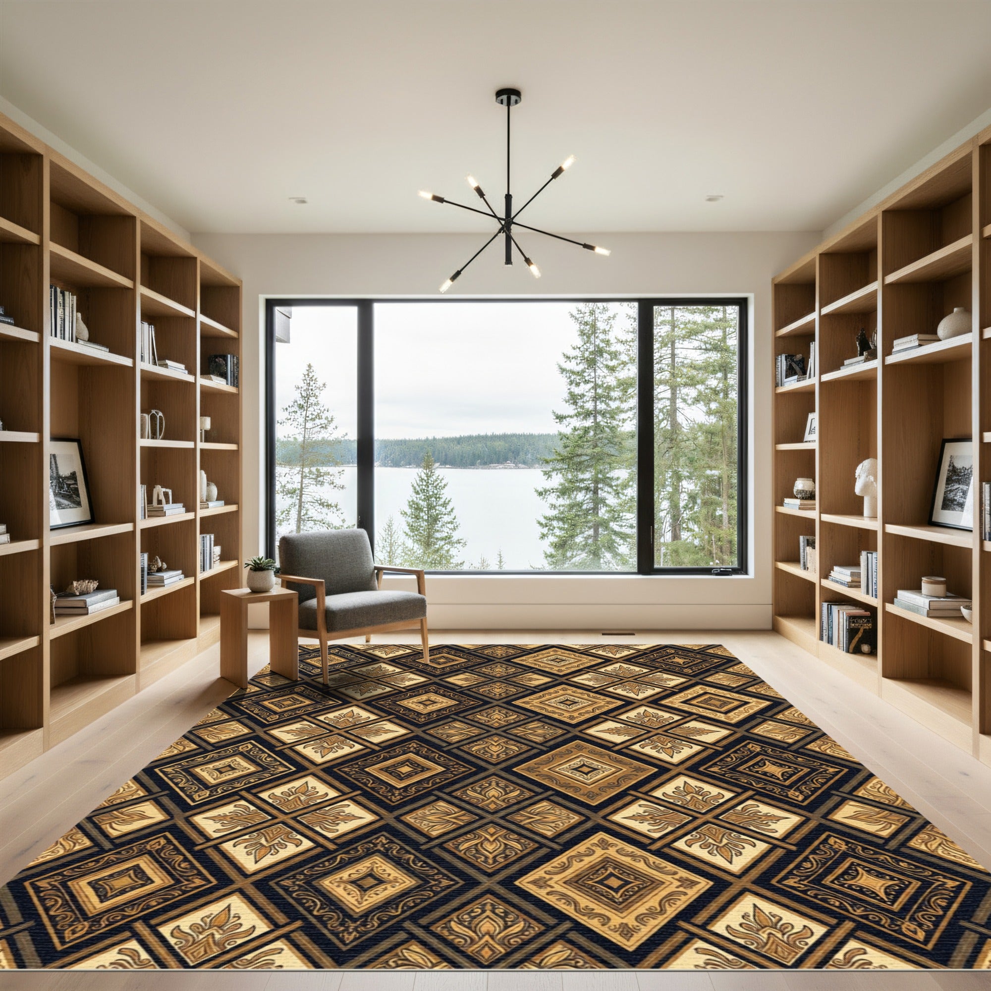 Elegant Golden Ornate Diamond Quadrant Rug