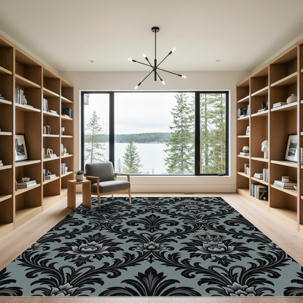 Black Damask Crown Floral Grey Rug