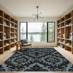 Black Damask Crown Floral Grey Rug