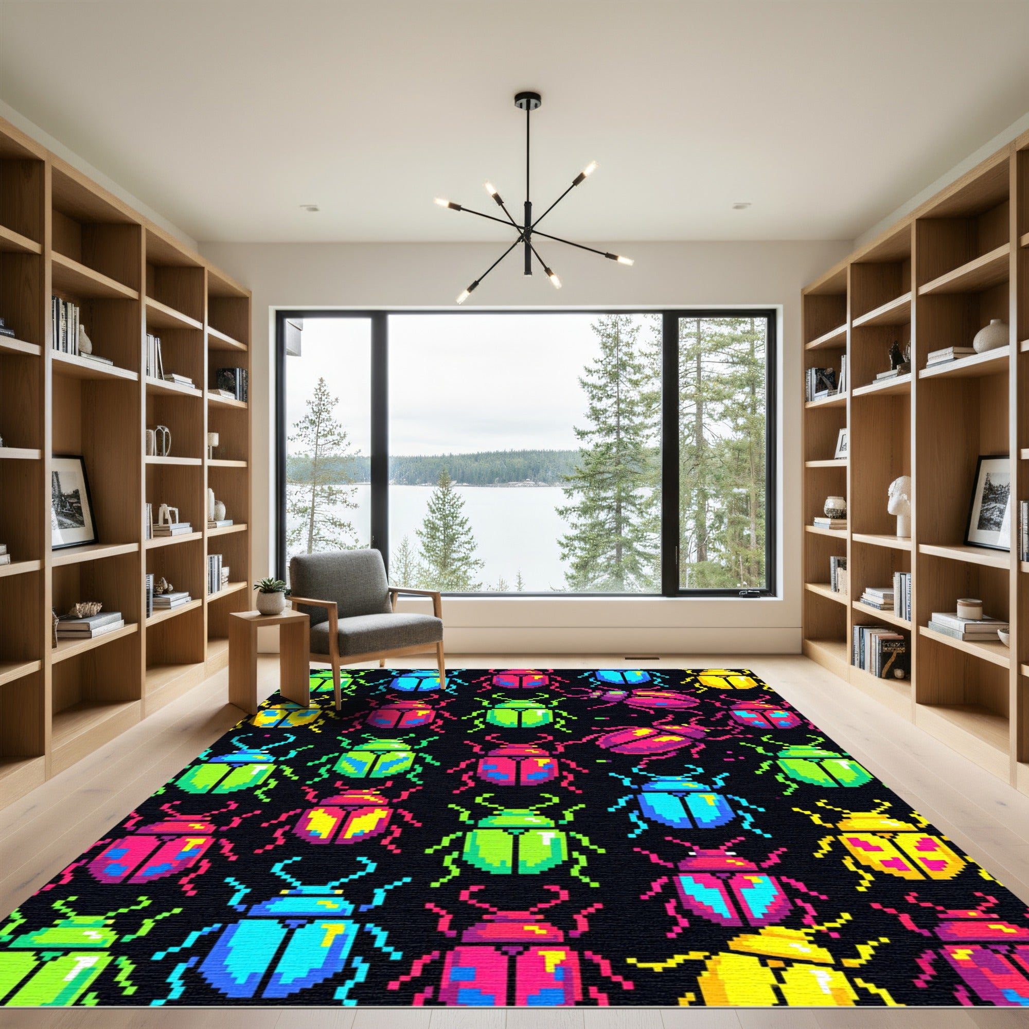Vibrant Pixel Beetle Neon Graphic Art Rug