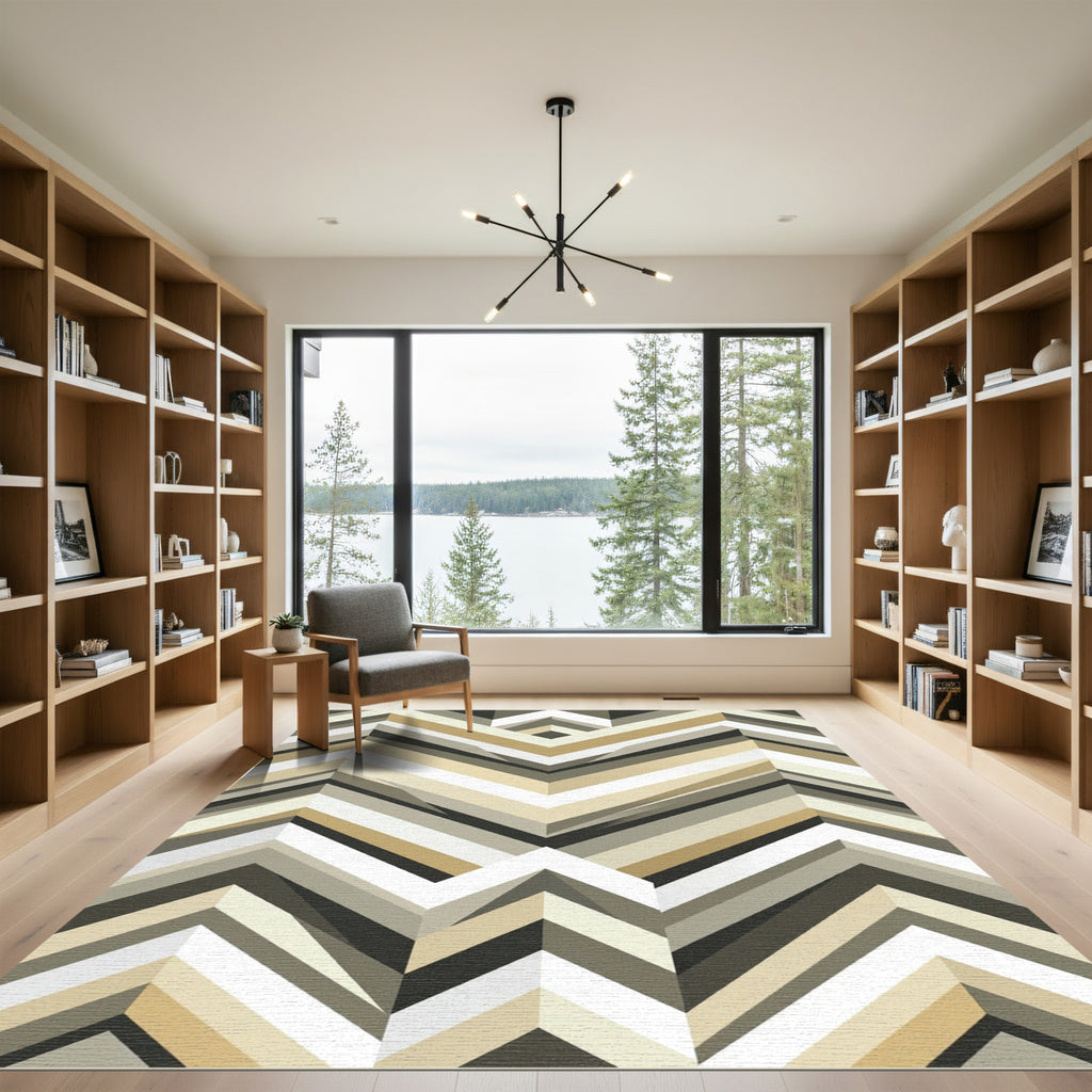 Neutral Chevron Geometric Layered Stripe Rug