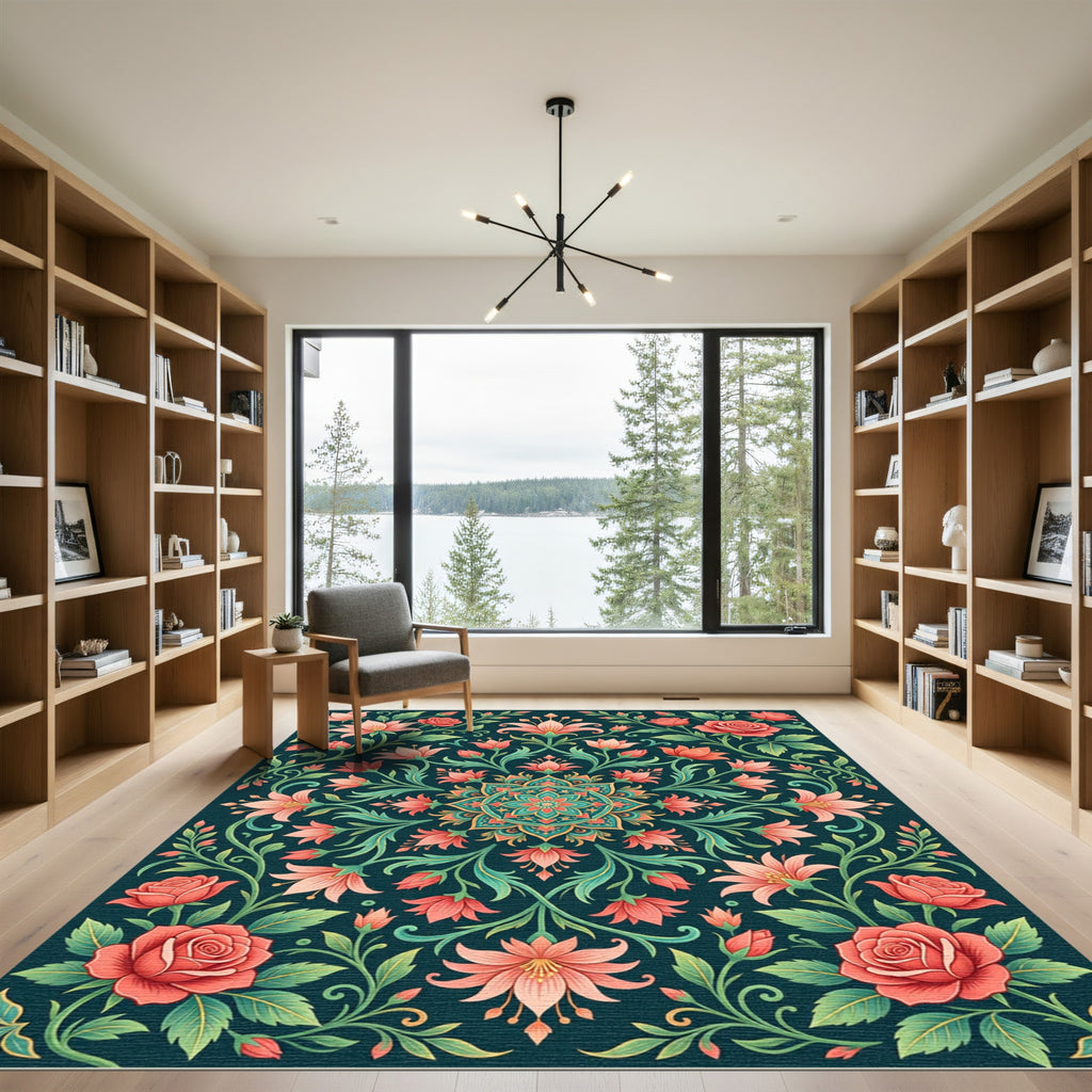 Floral Medallion Rose Garden Teal Area Rug