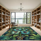 Art Deco Teal Hibiscus Palm Garden Rug