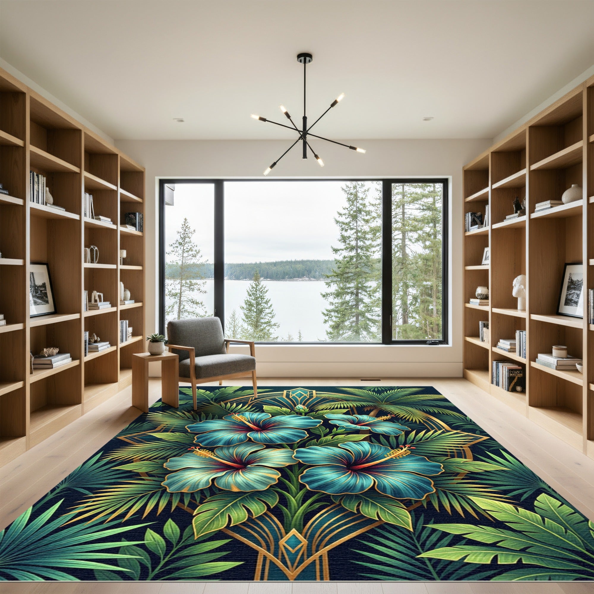 Art Deco Teal Hibiscus Palm Garden Rug