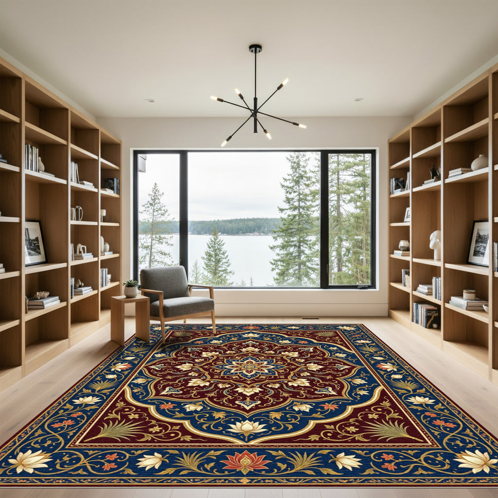 Deep Crimson Gold Lotus Medallion Rug