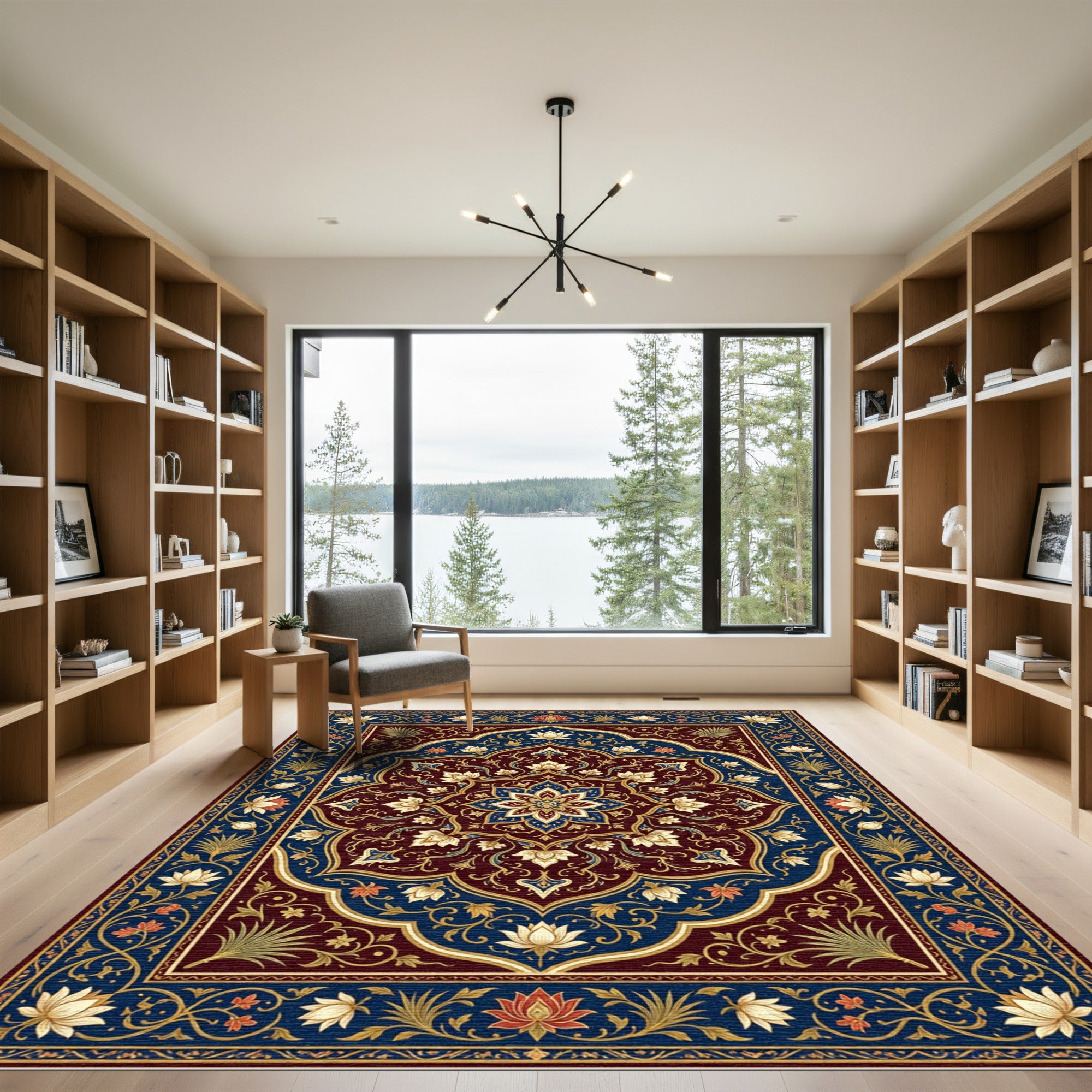 Deep Crimson Gold Lotus Medallion Rug