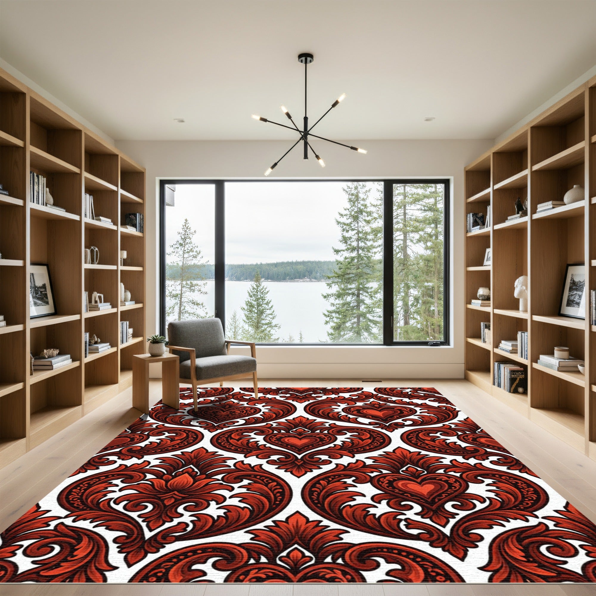 Ornate Crimson Heart Damask Rug