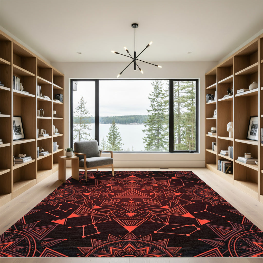 Crimson Celestial Geometric Mandala Art Rug