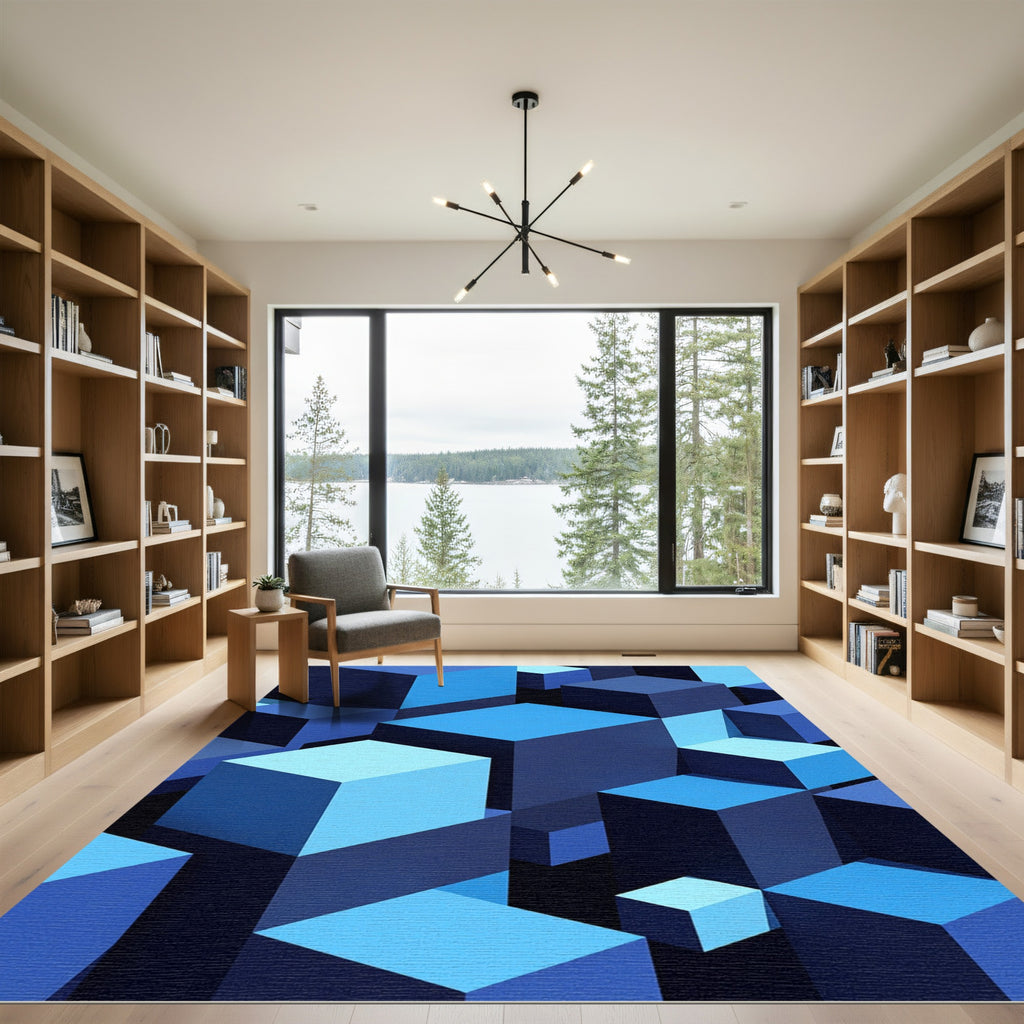 Deep Blue Cubes Isometric Collection Rug