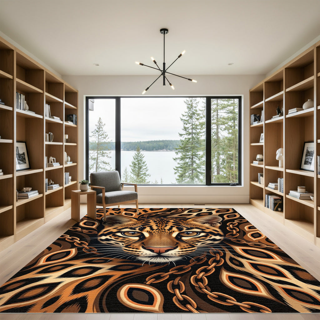 Ocelot Face Gold Chain Accents Rug