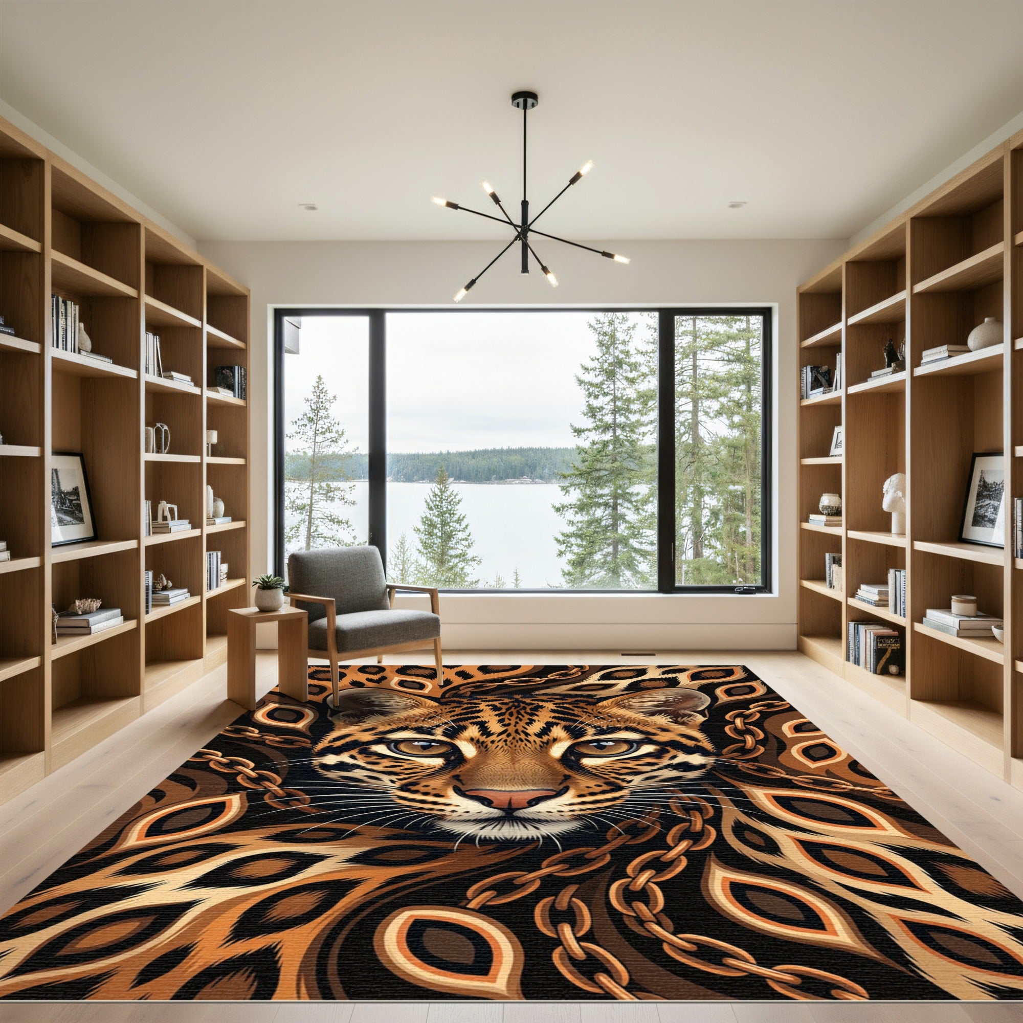 Ocelot Face Gold Chain Accents Rug