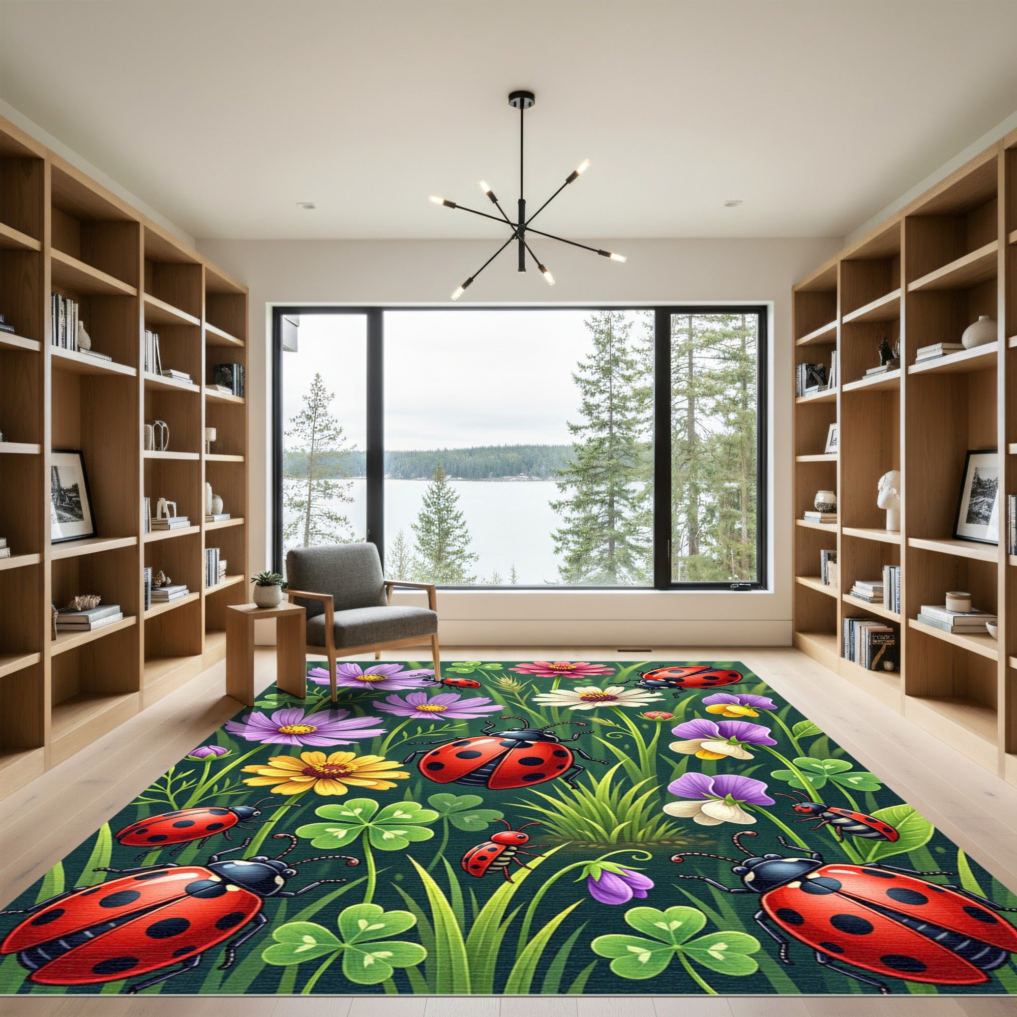 Whimsical Ladybug Flower Meadow Garden Rug