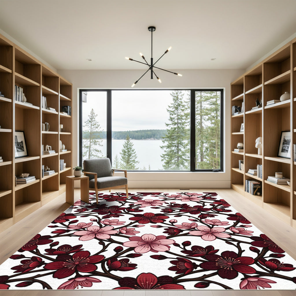 Crimson And Soft Pink Cherry Blossoms Rug