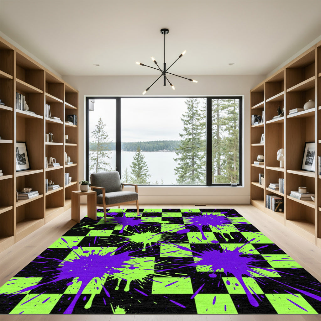 Electric Lime Black Checkered Splatter Rug