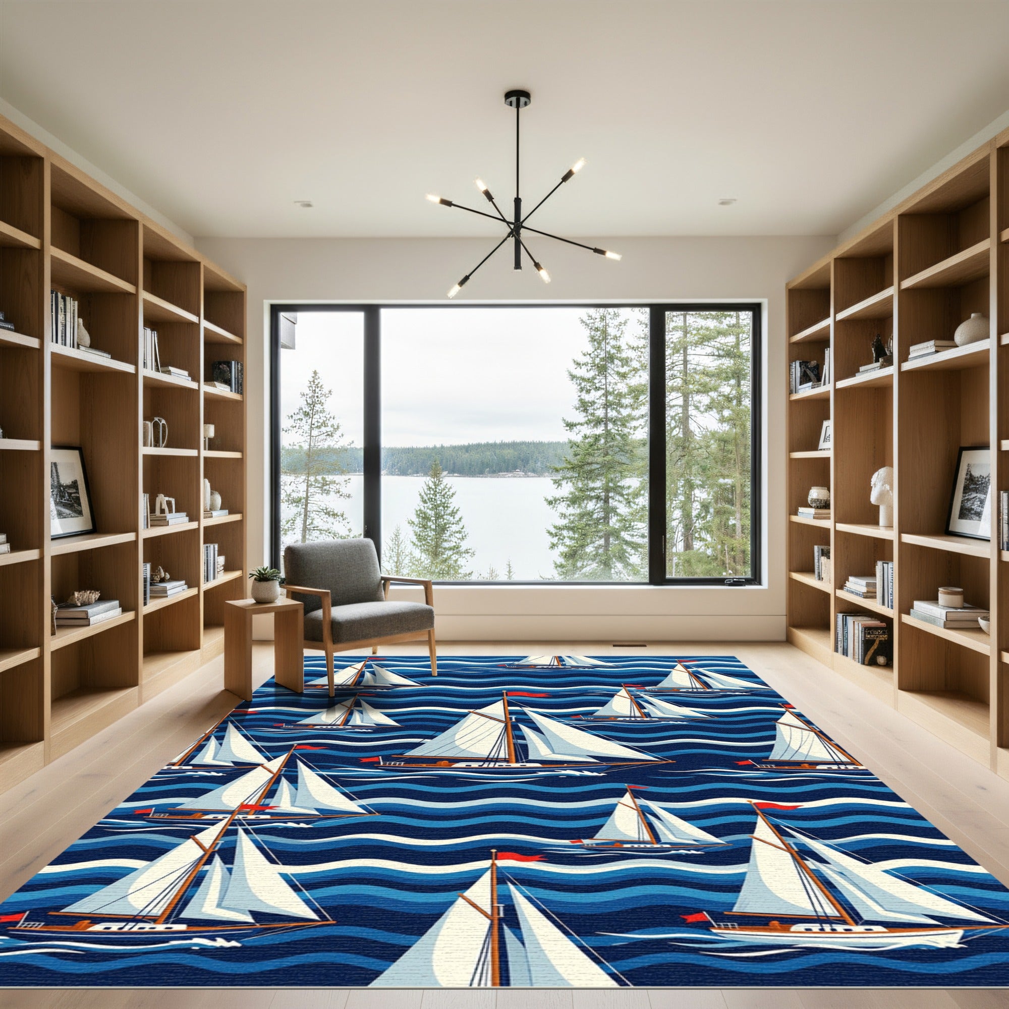 Nautical Blue Sailing Boat Wave Illustration Rug