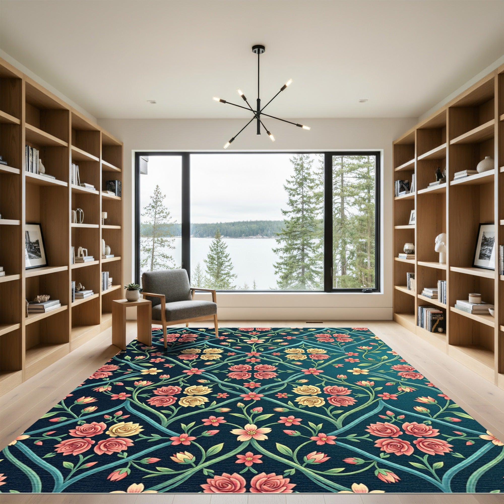 Coral Pink Yellow Rose Trellis Rug