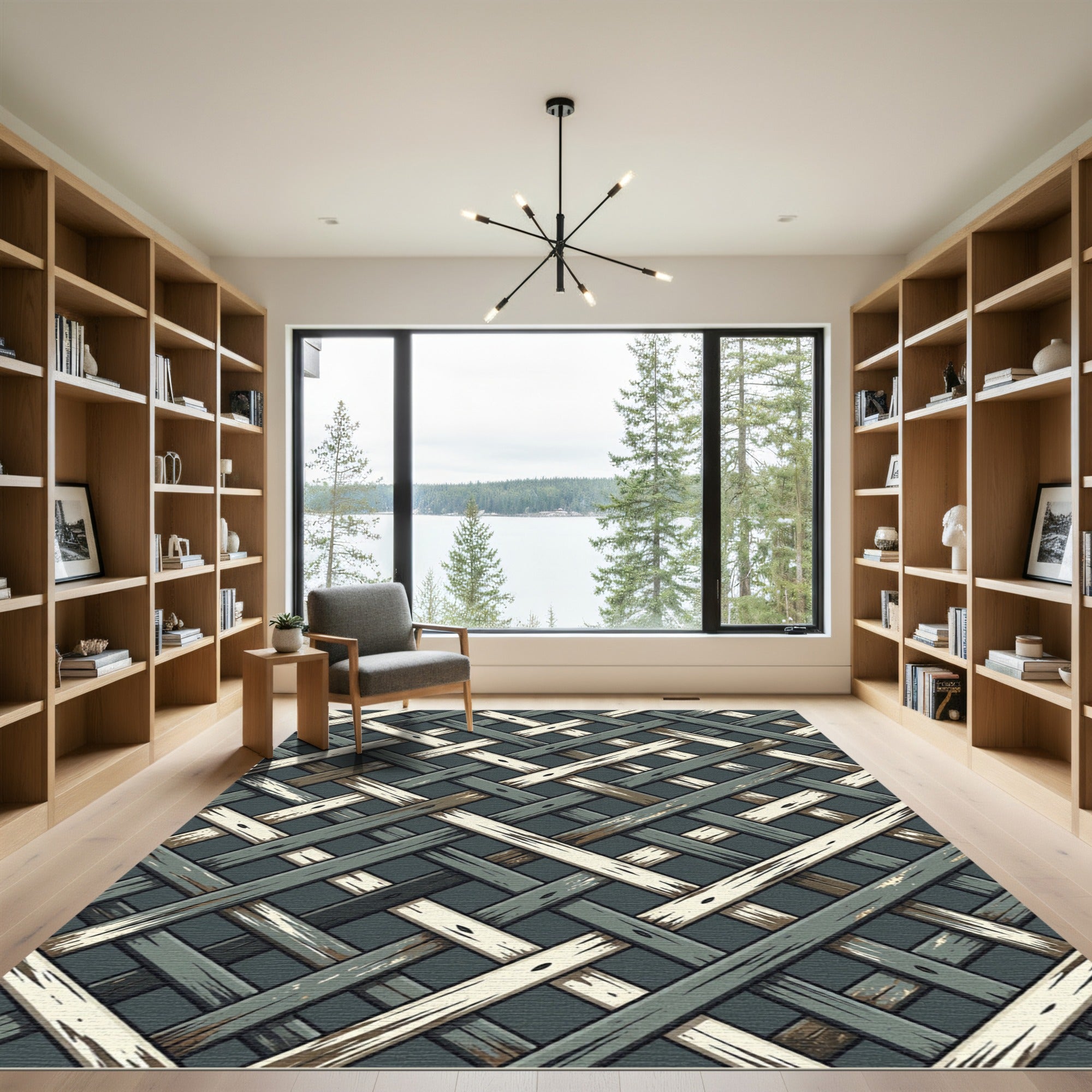 Interlocked Charcoal and Cream Woven Geometric Rug