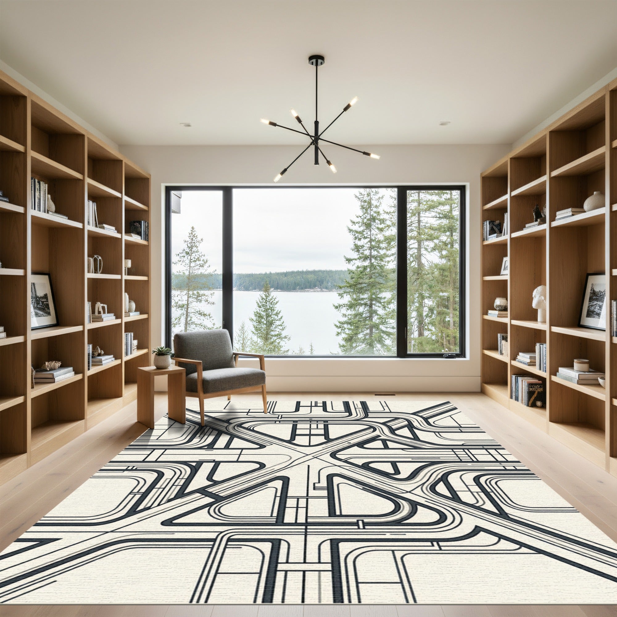 Minimalist Geometric Monochrome Linear Architecture Rug
