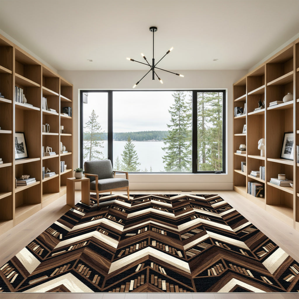 Chevron Bookcase Wood Geometric Monochrome Rug