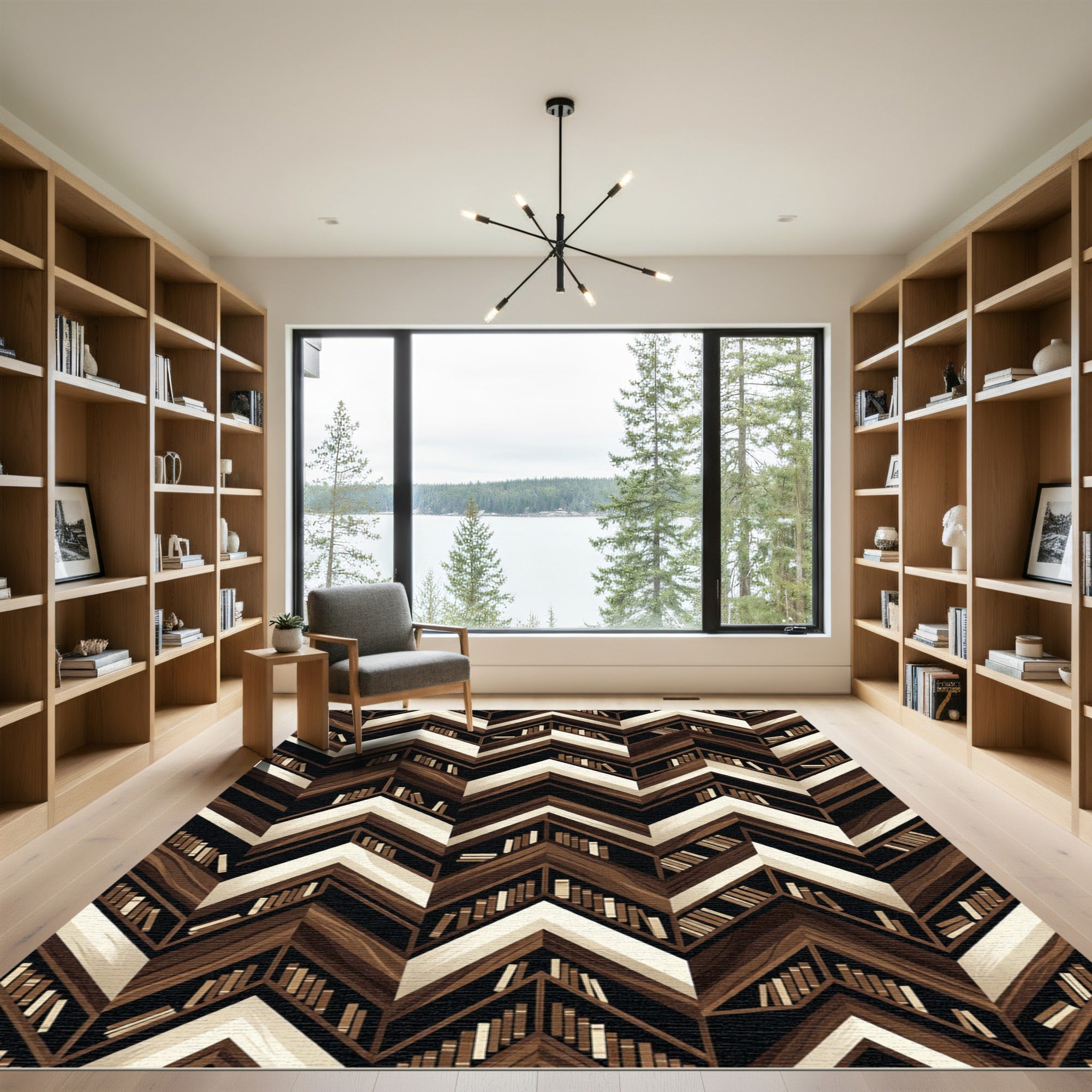 Chevron Bookcase Wood Geometric Monochrome Rug