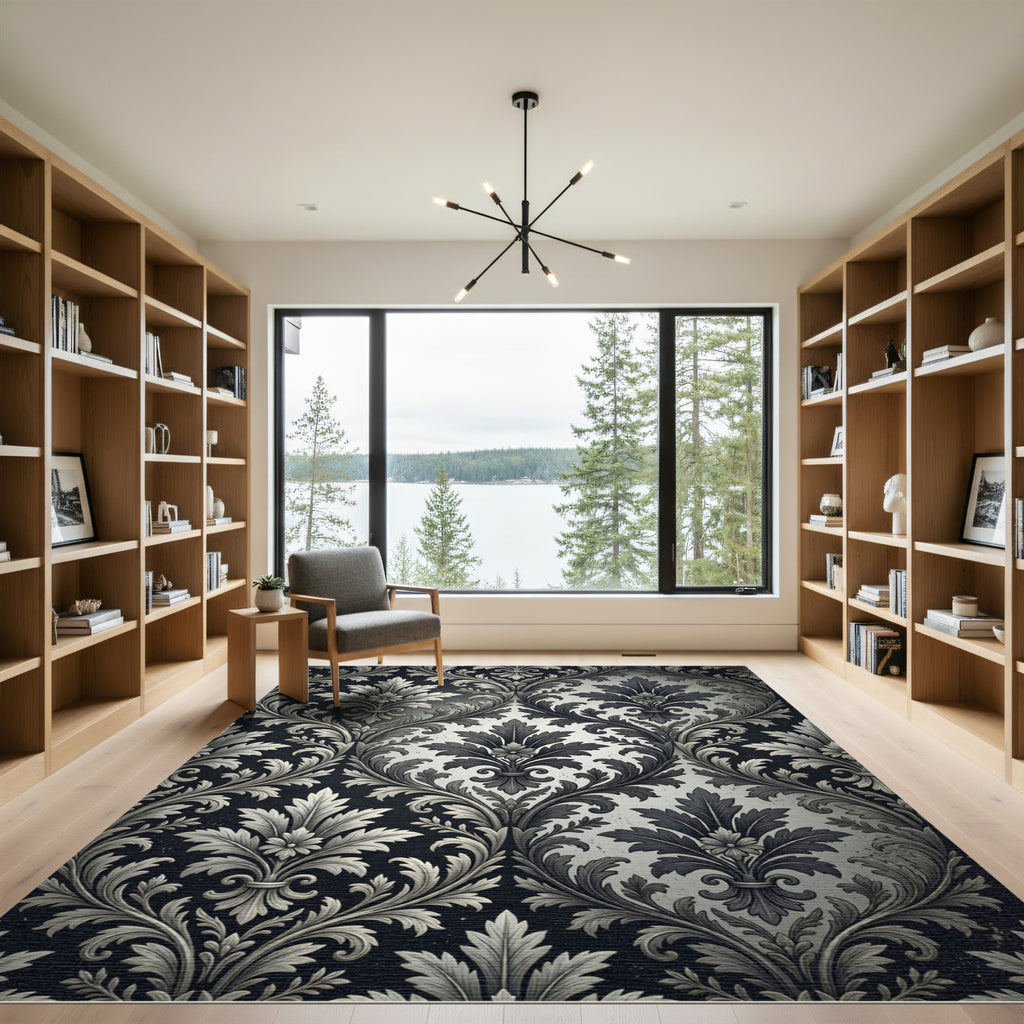 Elegant Monochrome Black Damask Scroll Rug