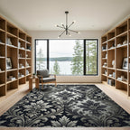 Elegant Monochrome Black Damask Scroll Rug
