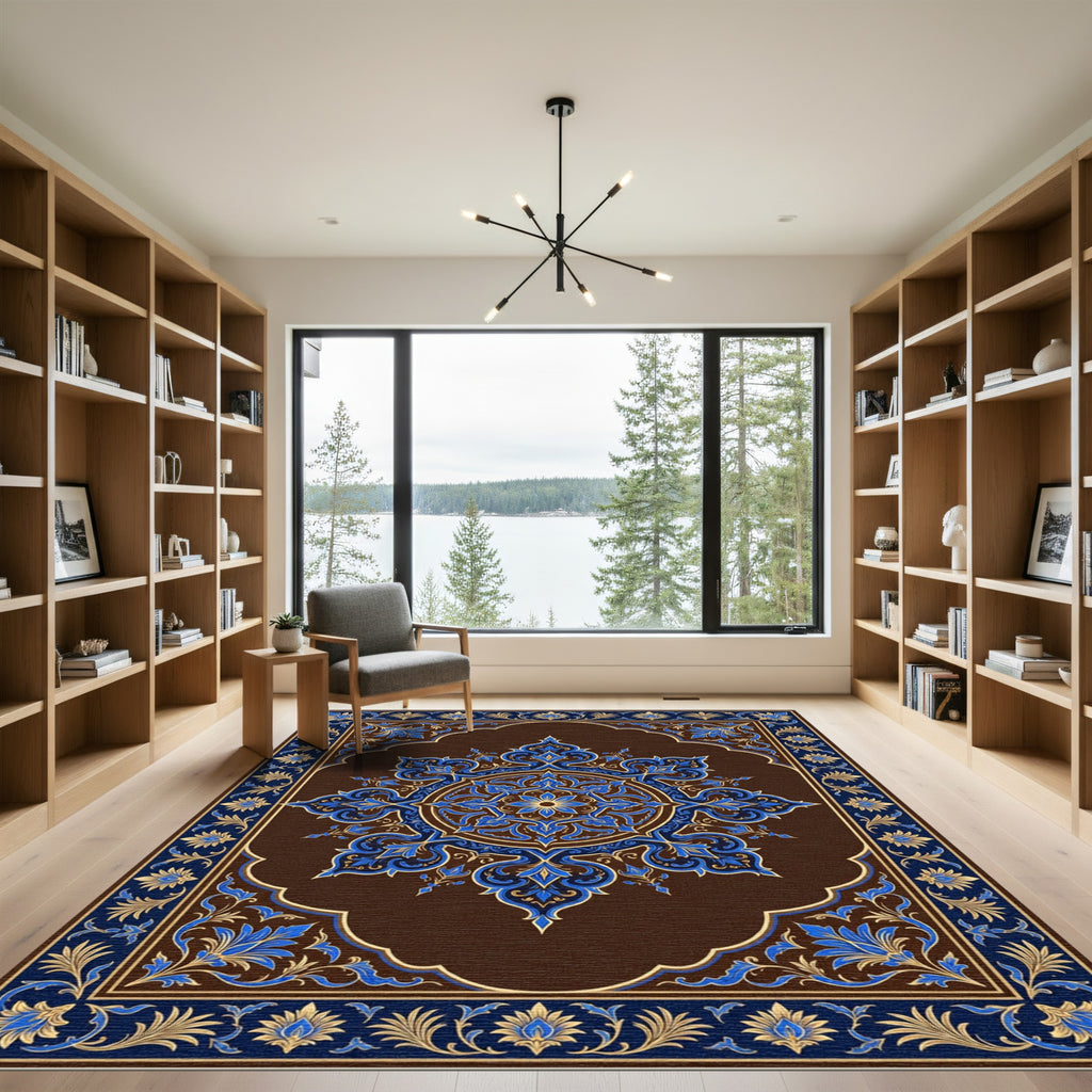 Ornate Royal Blue Gold Floral Medallion Rug