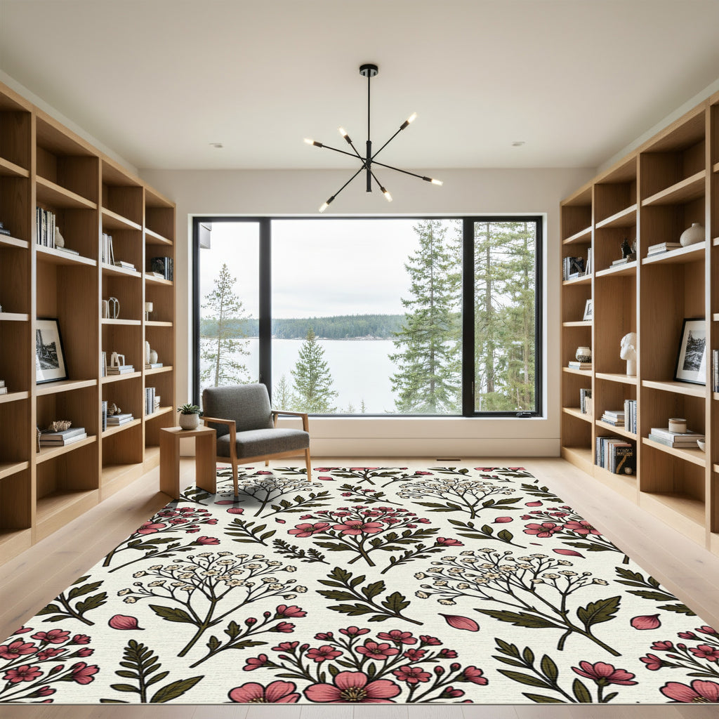 Vintage Pink Floral Botanical Meadow Rug