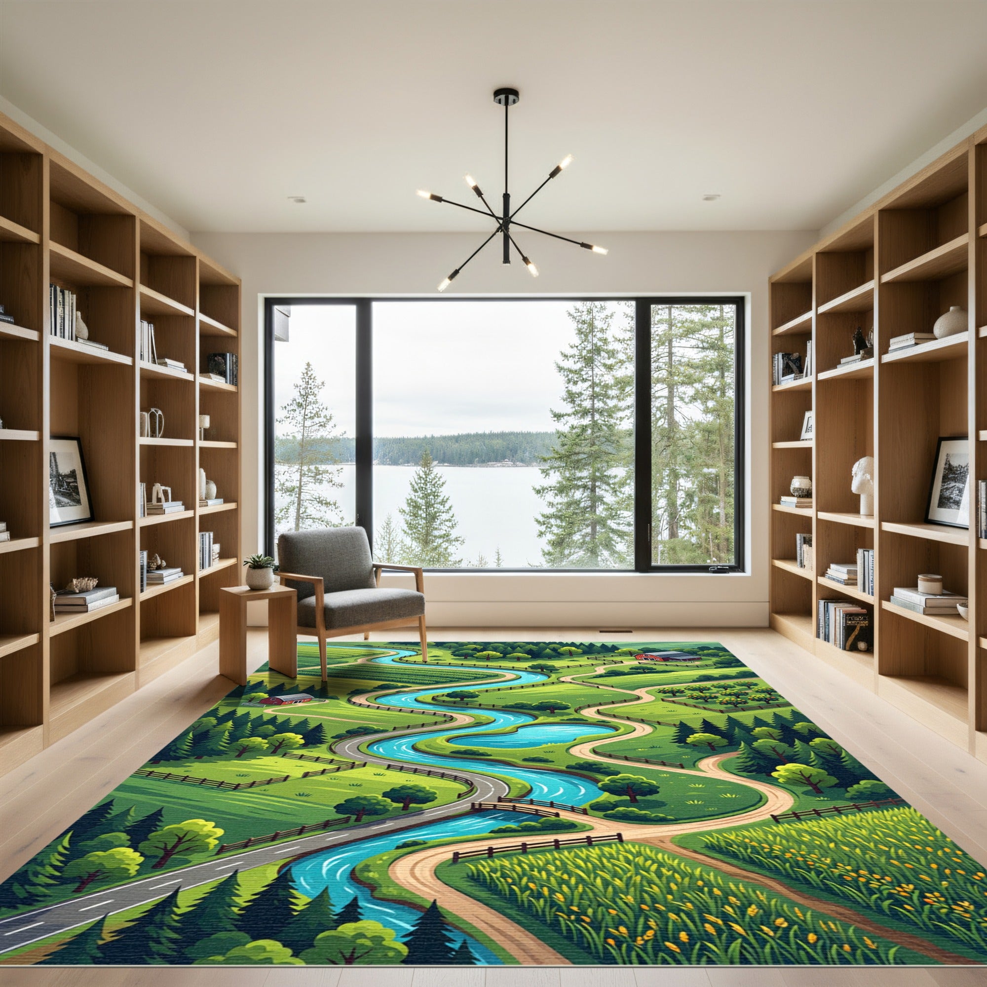 Serene River Valley Countryside Landscape Rug