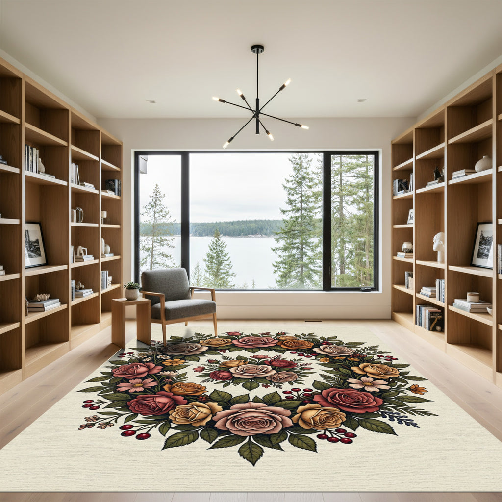 Romantic Rose Wreath Botanical Arrangement Rug