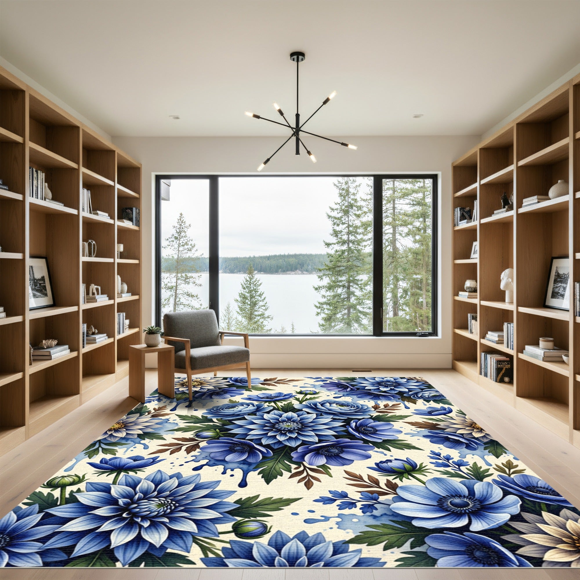 Vibrant Blue Floral Splash Arrangement Rug