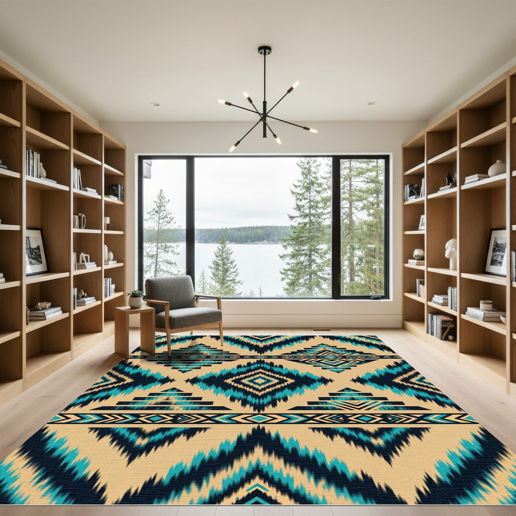 Aztec Diamond Black Teal Navajo Rug