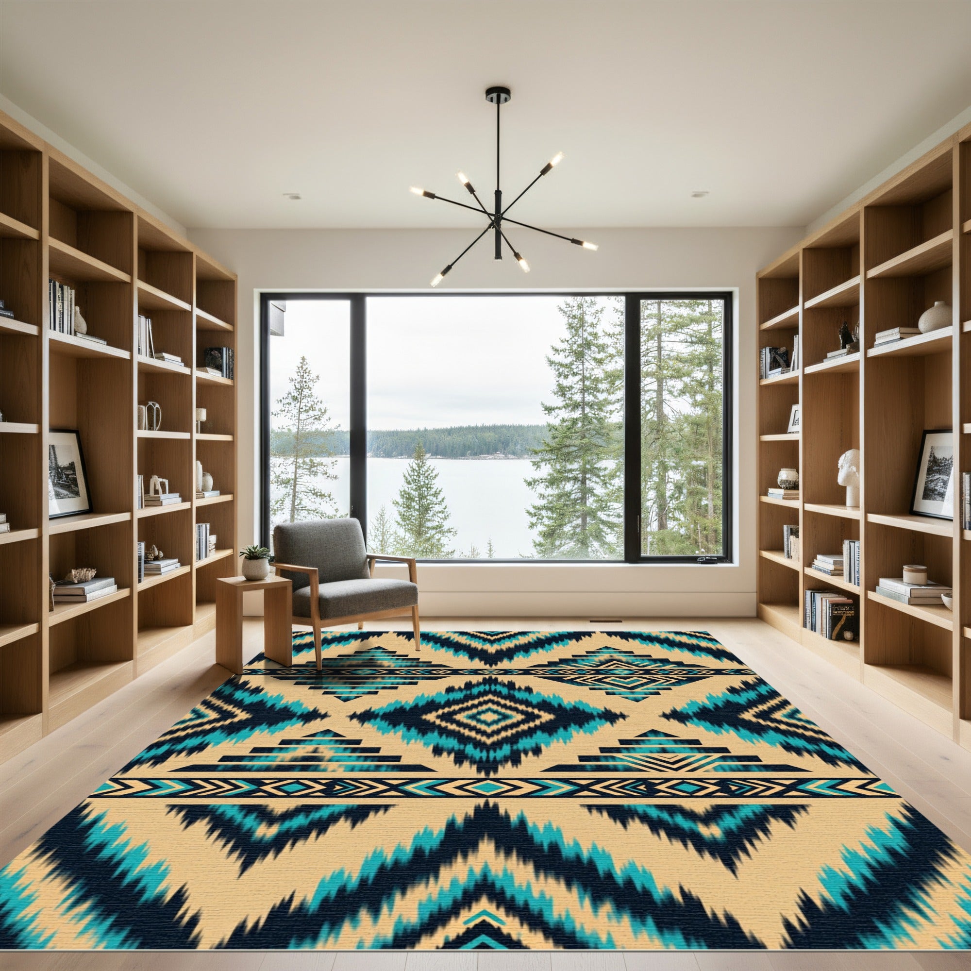 Aztec Diamond Black Teal Navajo Rug