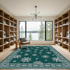 Teal White Snowflake Border Rug