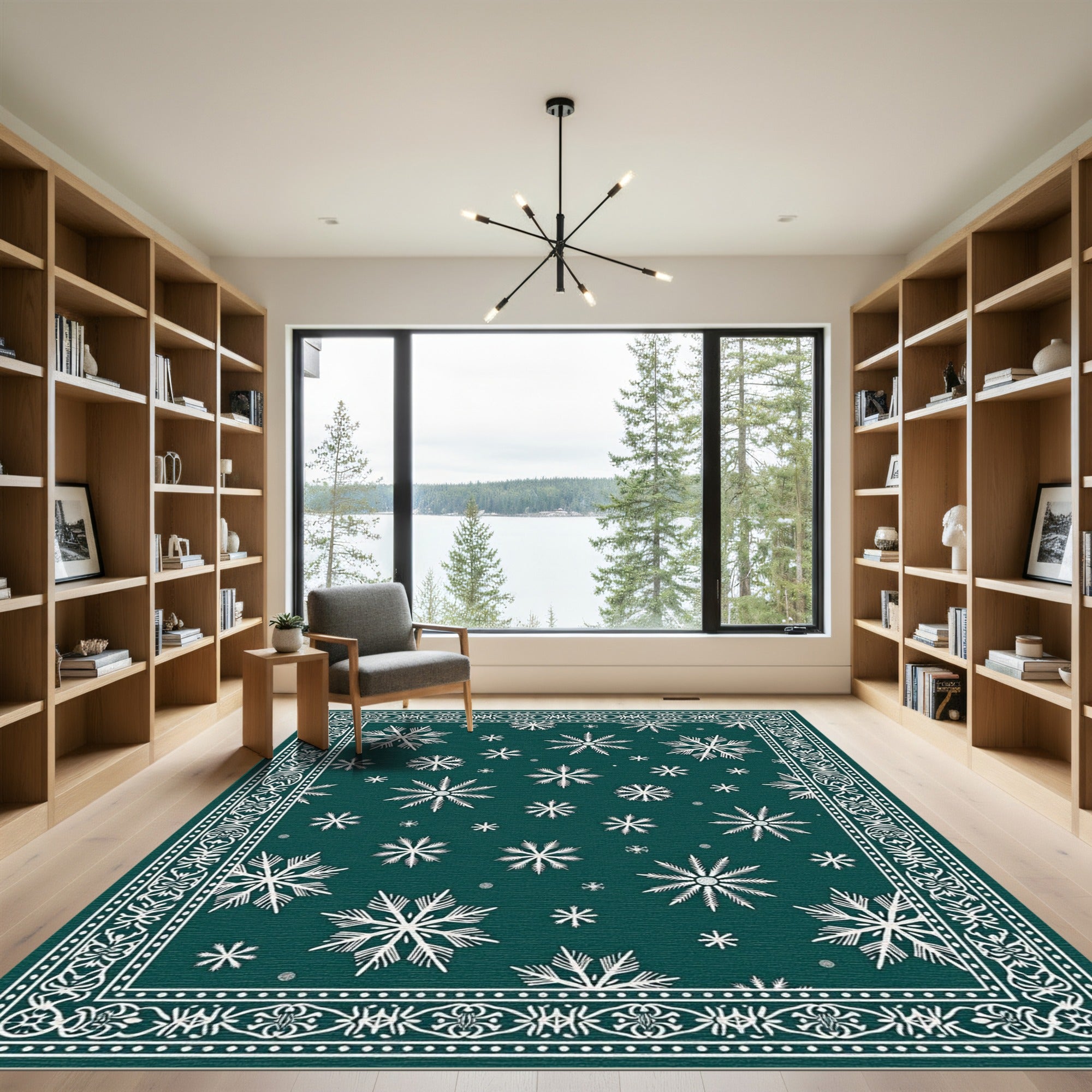 Teal White Snowflake Border Rug