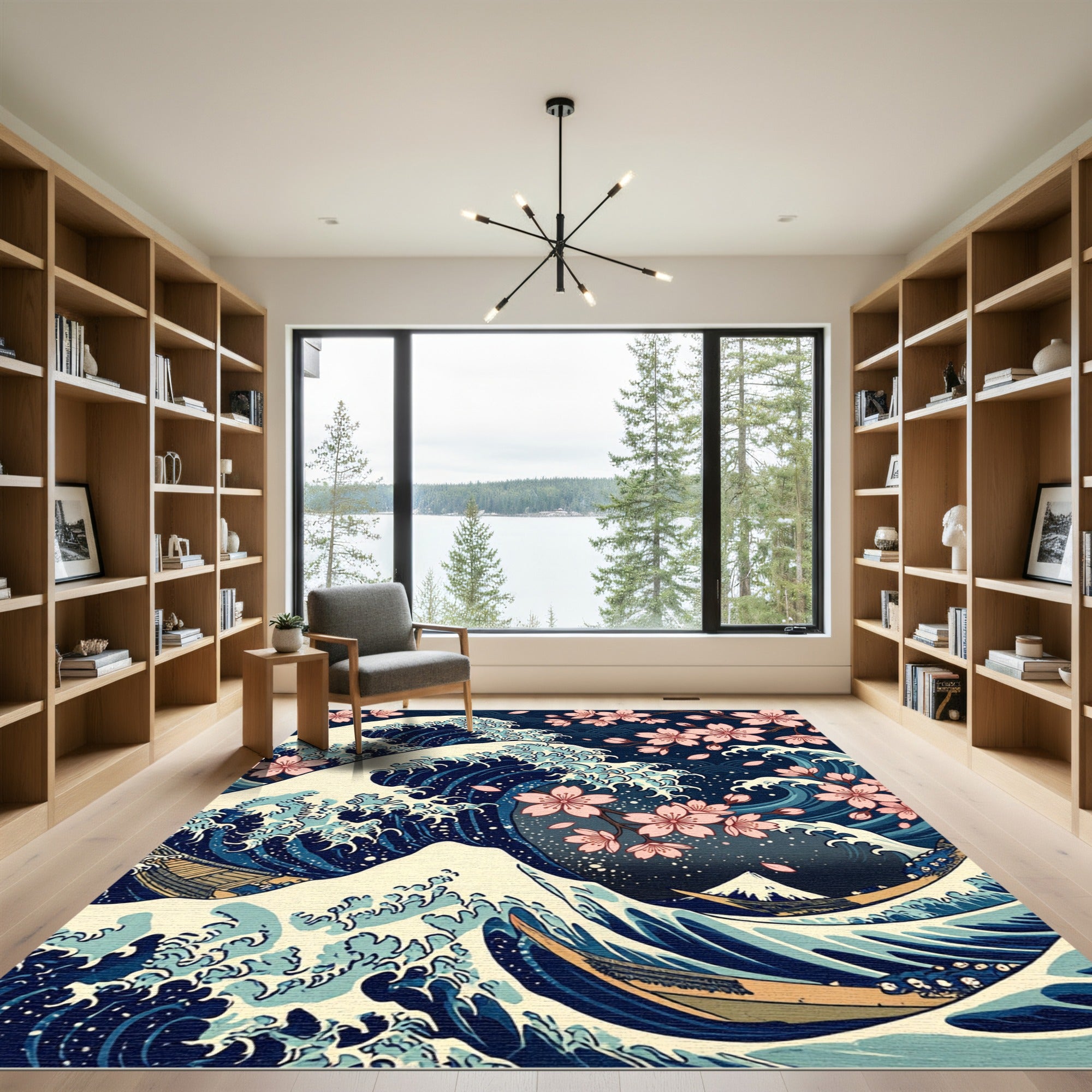 Japanese Great Wave Cherry Blossom Art Rug
