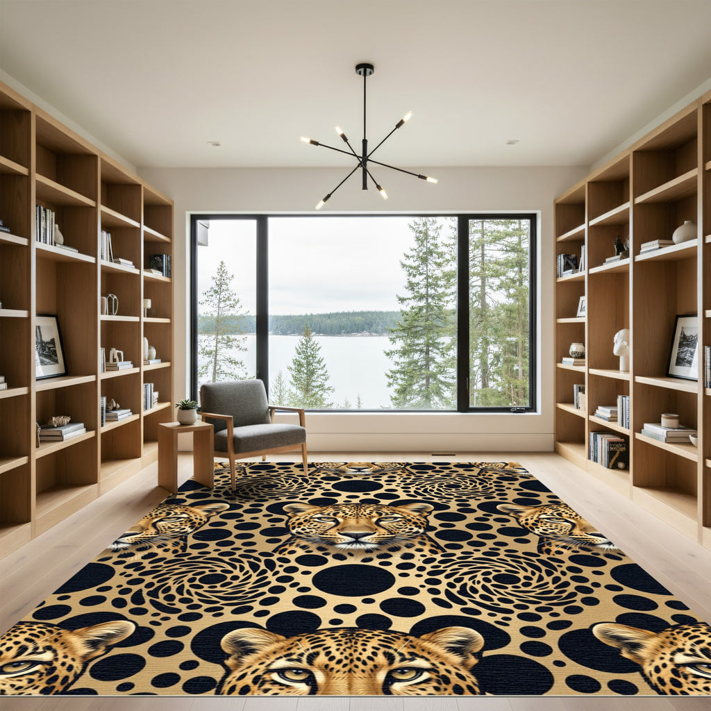 Golden Leopard Abstract Swirl Black Rug