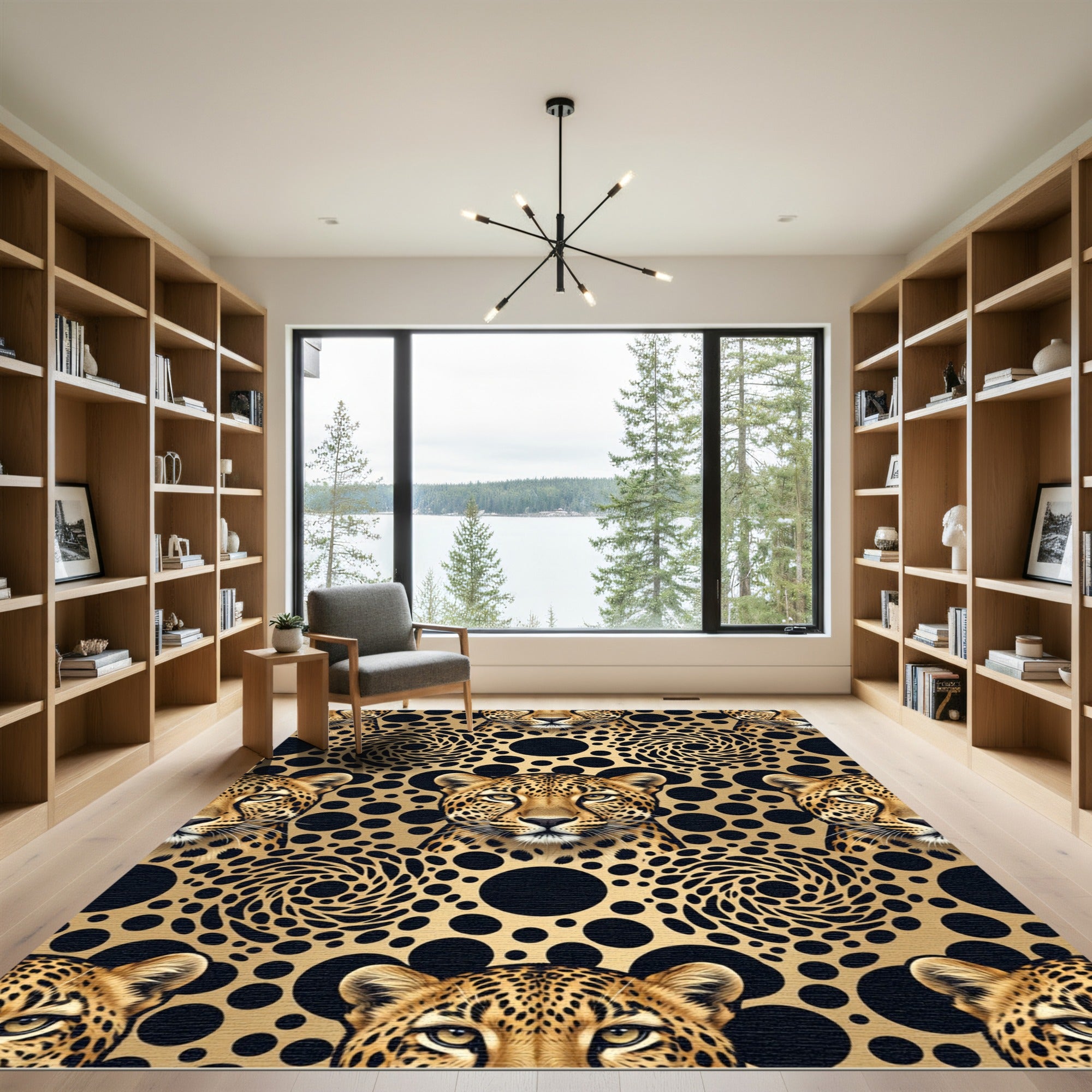 Golden Leopard Abstract Swirl Black Rug