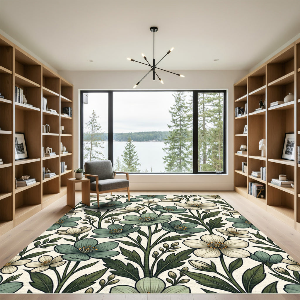 Sage and Cream Botanical Floral Garden Rug